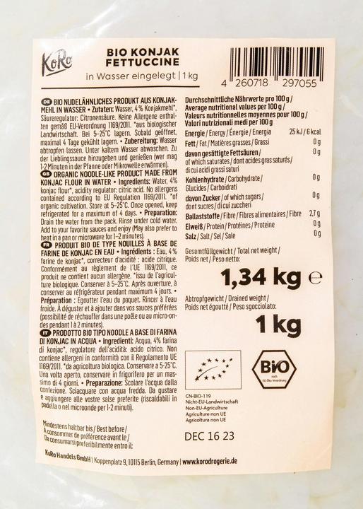 Nährwerte und Zutaten KoRo Bio nudelähnliches Erzeugnis aus Konjakmehl in Wasser (1000 g)