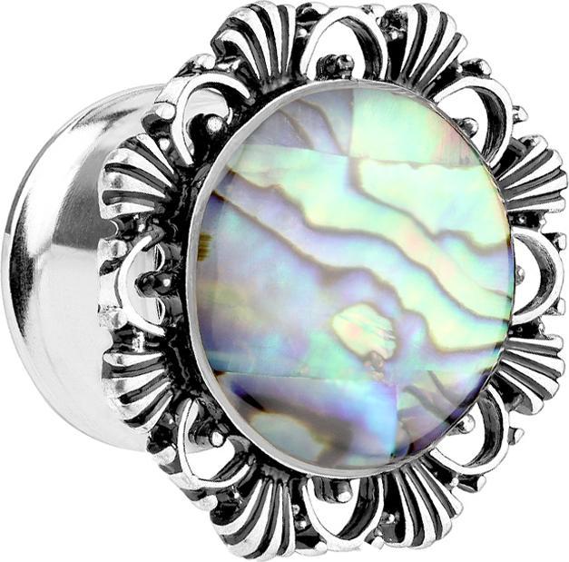 Produktbild Star Piercing Flared Plug mit Vintage Blume und Abalone (Messing, Chirurgenstahl 316L)