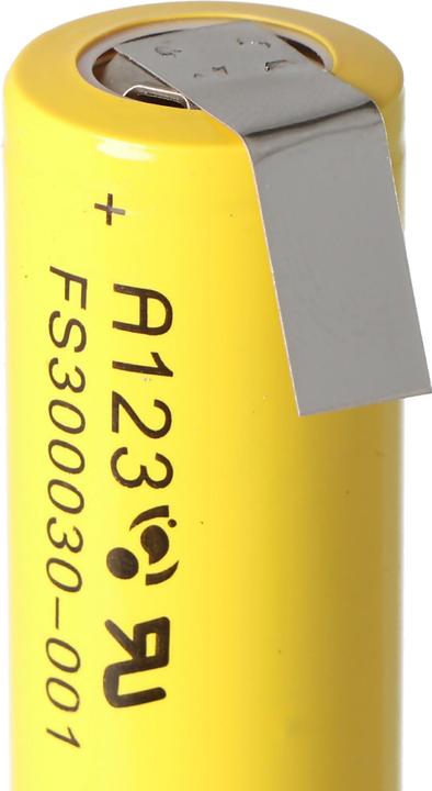 Produktbild A123 Systems A123 APR18650M-A1 1100mAh 3,3V LiFePo4 Akku mit Lötfahne Z-Form 64,95x18,2mm (1 Stk., 1100 mAh)
