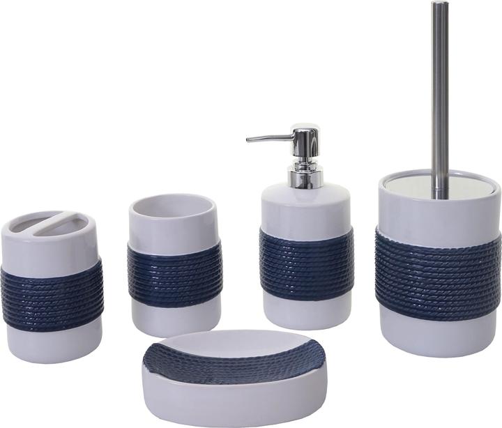 Immagine prodotto Swisshandel24 Set bagno da 5 pezzi, set WC Accessori da bagno, ceramica - blu/bianco