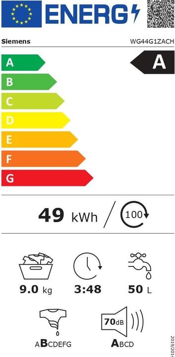 Energie-Label Siemens iQ500 WG44G1ZACH (9 kg, Links, EU-Stecker)