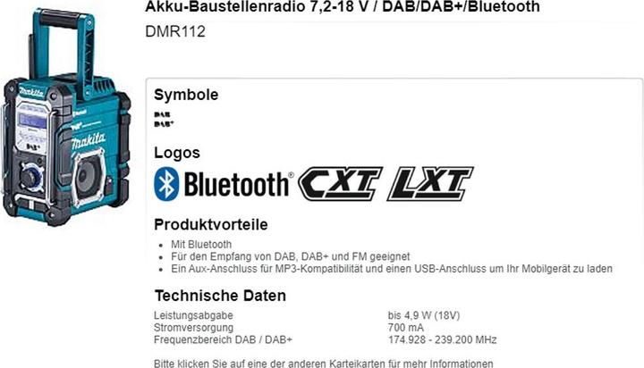 Immagine prodotto Makita DMR 112 (VHF, DAB, Bluetooth)