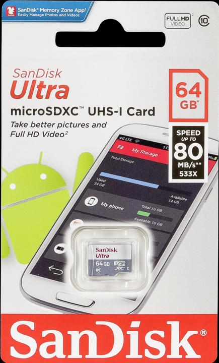 Actual product image SanDisk Ultra microSDXC 64GB 80MB/s Cl. 10 (64 GB, microSDXC, U3, UHS-I)