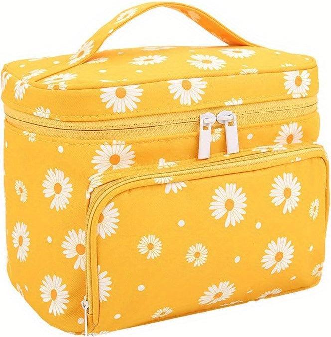 Only-Bags.Store Daisy Print Makeup Tasche grosse Kosmetiktasche mit Pinselhalter Reise Make Up Tasche
