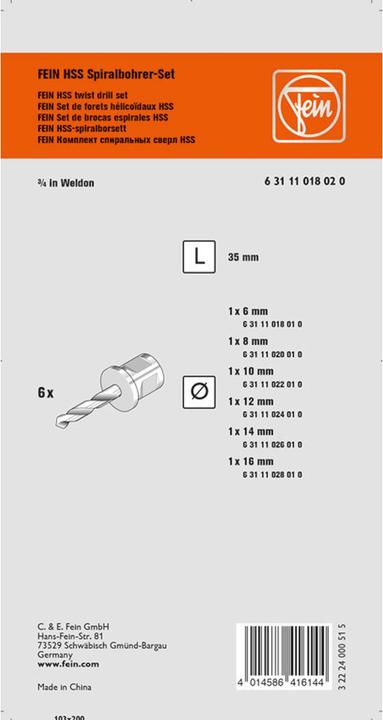 Actual product image Fein HSS Twist Drill Set with 3/4 in Weldon Receptacle (6, 8, 10, 12, 14 and 16 mm)
