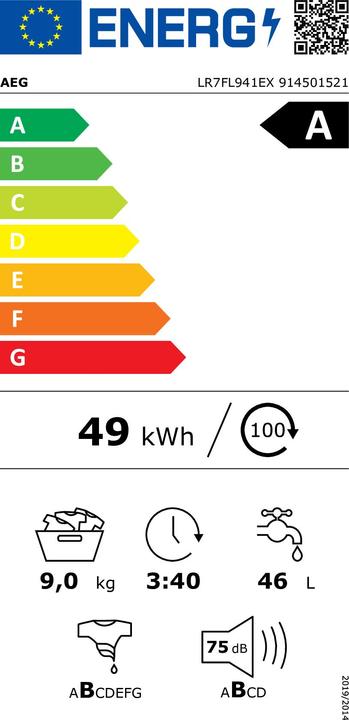 Energie-Label AEG LR7FL941EX Waschmaschine (Frontlader, freistehend, 9 kg, A, 1.400 U/Min, Serie 7000, ÖKO LAVAMAT (9 kg, Links)