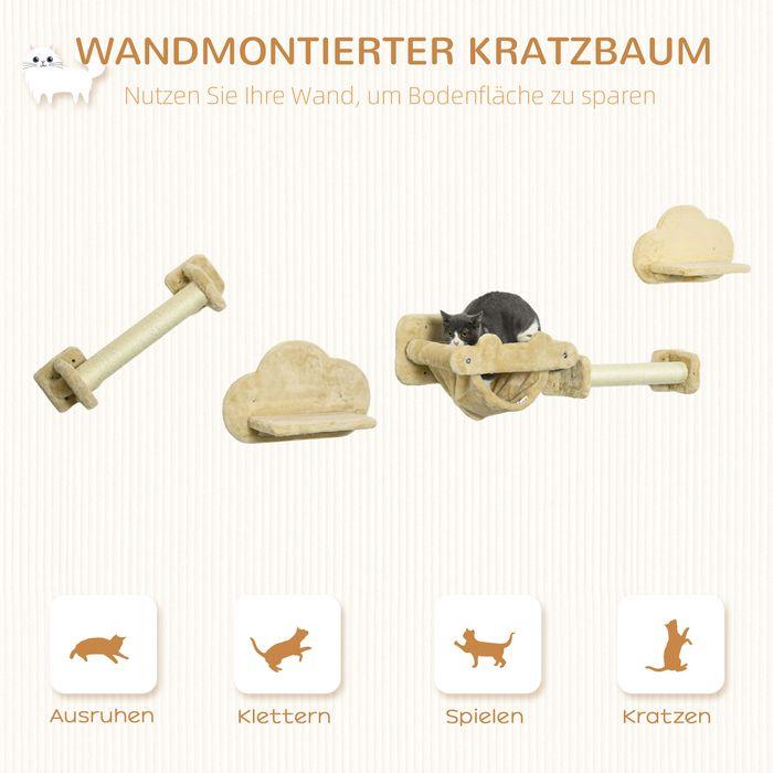 Actual product image Swisshandel24 Cat climbing wall 5-piece set with stairs, 2 scratching posts, platforms, hammock, plush (28 cm, Beige)