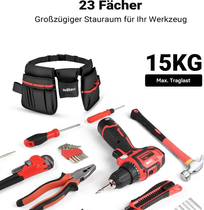 Image du produit Wiltec Ceinture porte-outils 63,5x25,5cm Sacoche de ceinture 23 compartiments Sacoche porte-outils