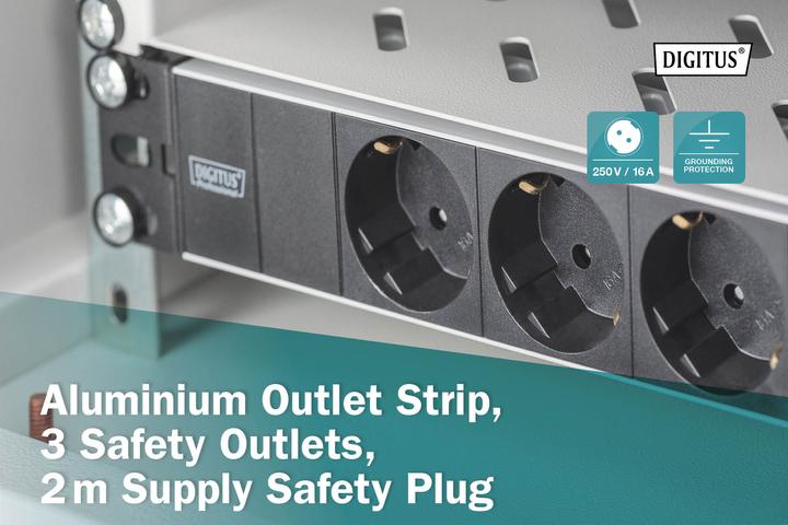 Actual product image Digitus Socket strip 3-fold 25.4cm 10 inch black incl. installation bracket (3 x, CEE 7/3, 2 m)
