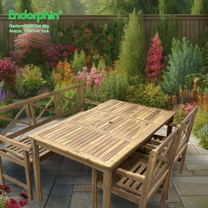 Actual product image Garden seating set made of solid acacia wood in teak look, 4 pieces (table, bench, 2 chairs)