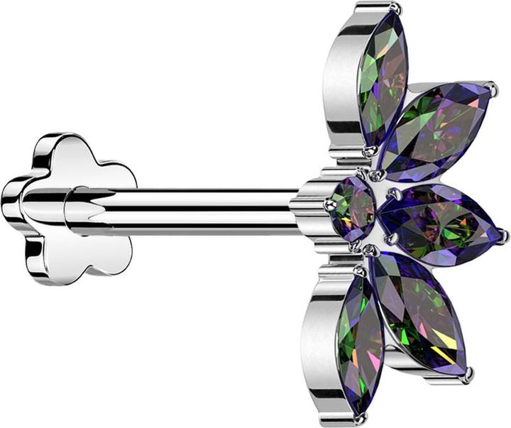 Immagine prodotto Star Piercing Micro Labret senza fili Fiore d'argento mezzo fiore di loto argento cristalli scuri multicolore (Titanio G23, senza ottone)
