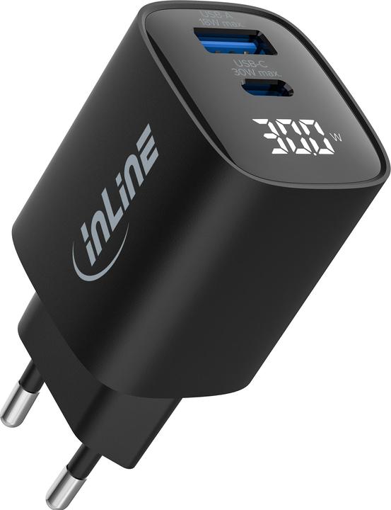 Actual product image InLine USB PD power supply, GaN charger, 2-port, USB-C + USB-A, 30W, with display, black (30 W)