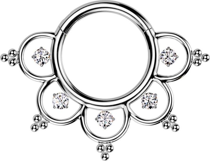 Star Piercing Micro Segmentring klappbar silber fünf Halbbögen Kristalle silber (Titan G23, ohne Messing)