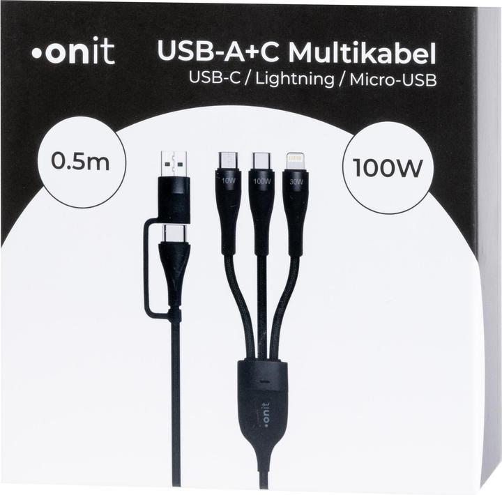 Produktbild Onit USB 2.0-Kabel USB A/USB C - Lightning/Micro-USB B/USB C (0.50 m, USB 2.0)