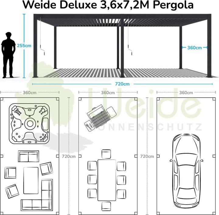Image du produit Weide Pergola Deluxe Plus 3.6x7.2m avec toit à lamelles Anthracite (360 cm, 720 cm)