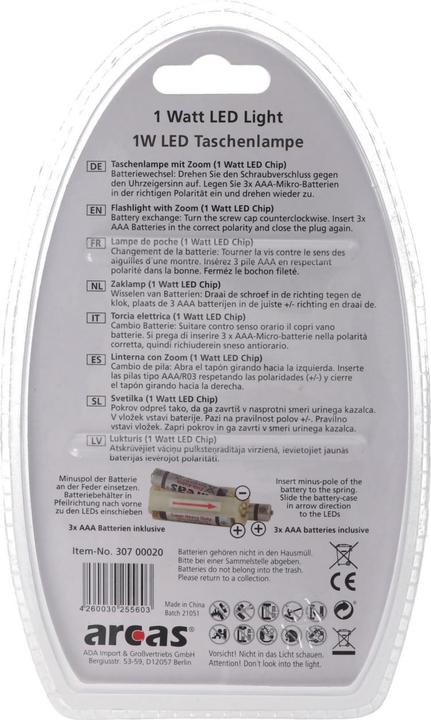 Nutritional values and ingredients Arcas ARC-1 Watt Zoom LED plastic torch / 1 x High Power LED, 60 lumen (3.25 cm, 60 lm)