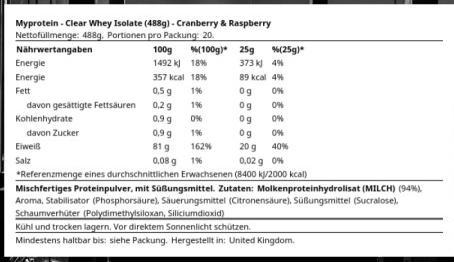 Valori nutrizionali e ingredienti MyProtein Isolato di siero di latte Clear (Mirtillo rosso e lampone, 1 pz., 488 g)