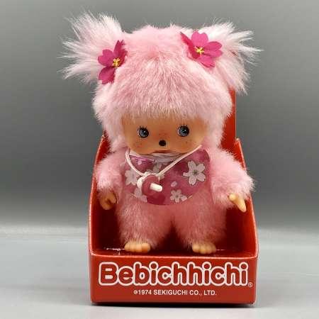Productafbeelding Monchhichi Sekiguchi 242443 Original Bebichhichi meisje kersenbloesem, gemaakt van roze pluche, met slabbetje (16 cm)