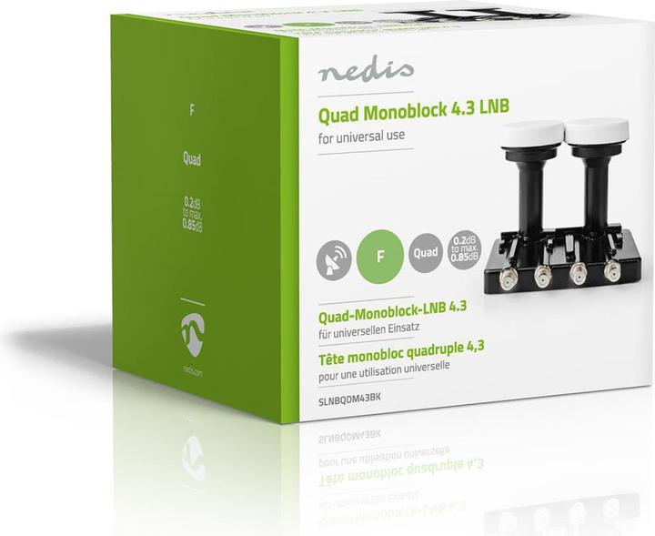 Immagine prodotto Nedis LNB Quad Monoblock 4.3 ° Connettore di uscita: Connettore F 4X Gamma della figura di rumore: 0,85 (Quad LNB)