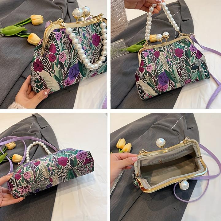 Immagine prodotto Only-Bags.Store Vintage-inspirierten Blumenmuster Design Kupplung Tasche mit faux Perle Griff, modische