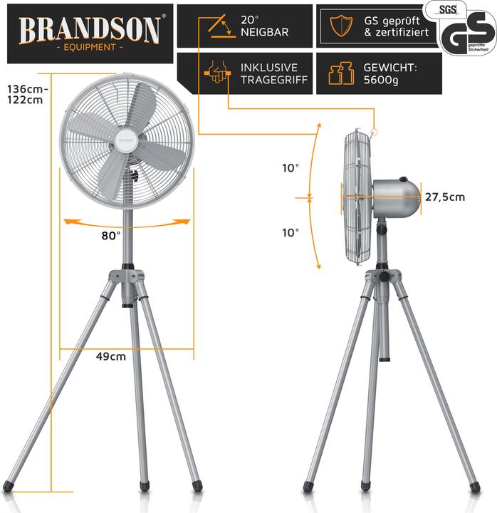 Image du produit Brandson Ventilateur sur pied 49cm Ø, ventilateur 60W, trépied, boîtier métallique, ventilateur sur trépied (64 dB)
