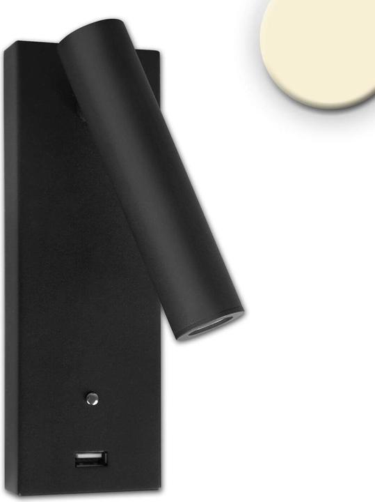 Isoled LED reading light, 3W, black, with USB A charging socket, warm white, dimmable to 3 levels