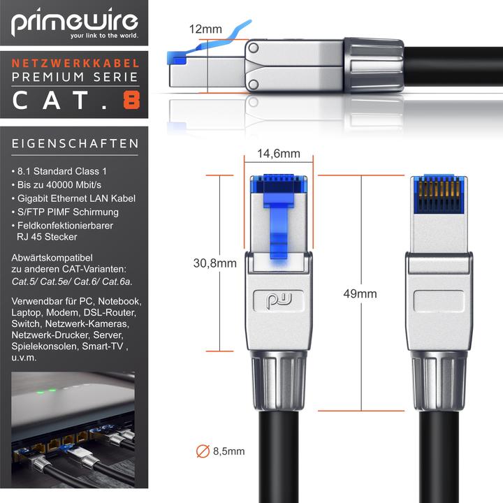 Image du produit Primewire Câble LAN CAT.8, RJ-45, Câble réseau CAT 8, Gigabit Ethernet 40 Gbit/s, S/FTP Pimf Patchkabel (S/FTP, CAT8.1, 10 m)
