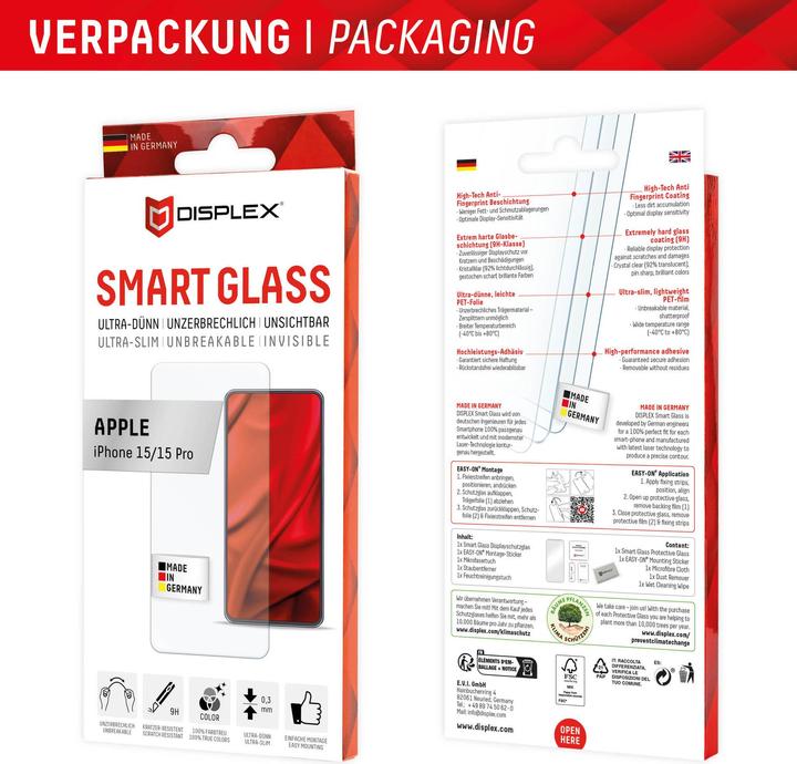 Produktbild Displex Smart Glass (1 Stück, Apple iPhone 15 Pro, Apple iPhone 15)