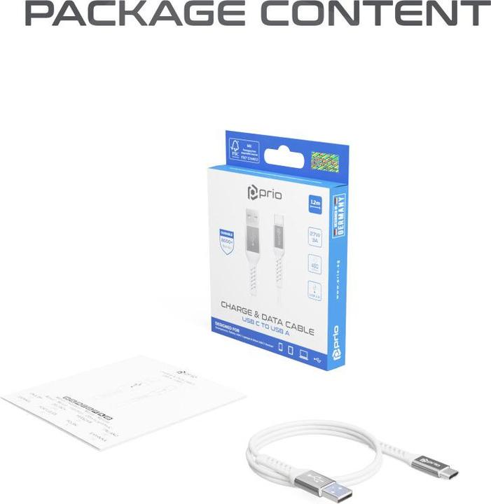 Actual product image prio High-Speed Charge & Sync USB C to USB A 3A 1.2 m white (1.20 m, USB 2.0)