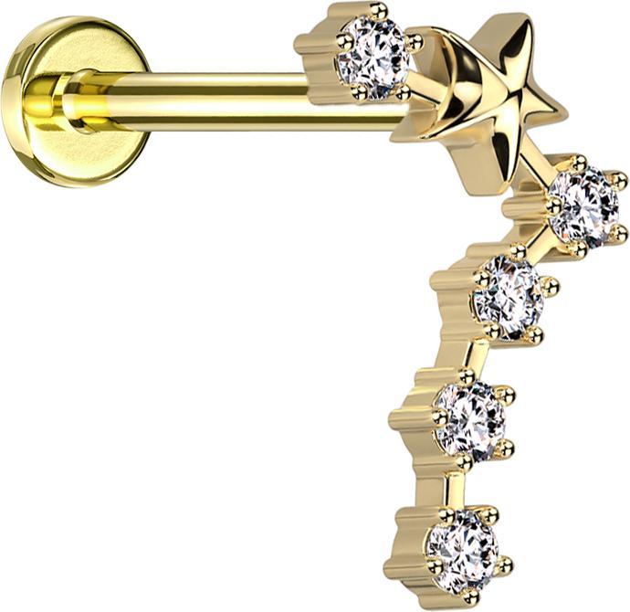 Star Piercing Micro Labret Innengewinde vergoldet Sternzeichen Fische mit Kristallen (Chirurgenstahl 316L, Messing)