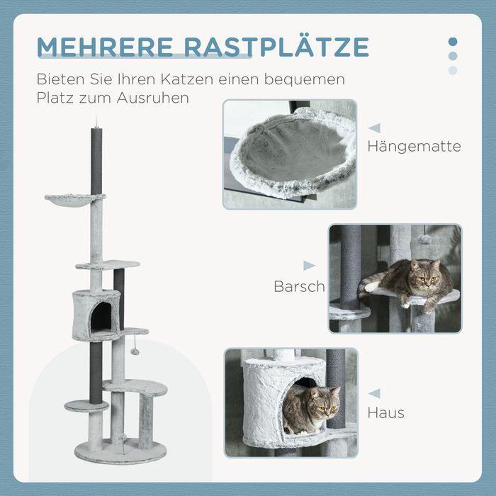Produktbild Swisshandel24 Kratzbaum Deckenhoch, 225-255 cm mit Katzenhöhle, Kratzstämmen, Korb, Spielball, Grau (255 cm, Grau)