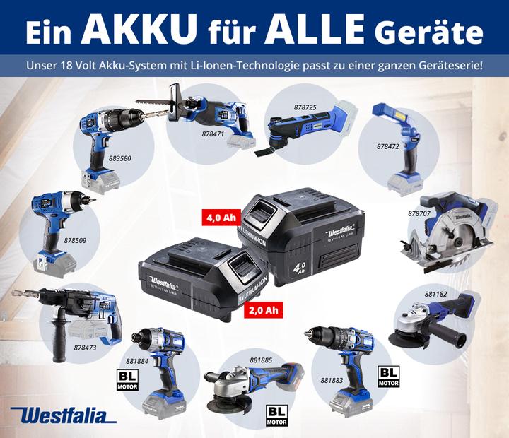 Produktbild Westfalia Akku-Schlagschrauber 18 Volt Li-Ion ASS 18 BL + Schnellladegerät ASLG 18 V Li - Ion, 3,0 Ah und Akku (Akkubetrieb)
