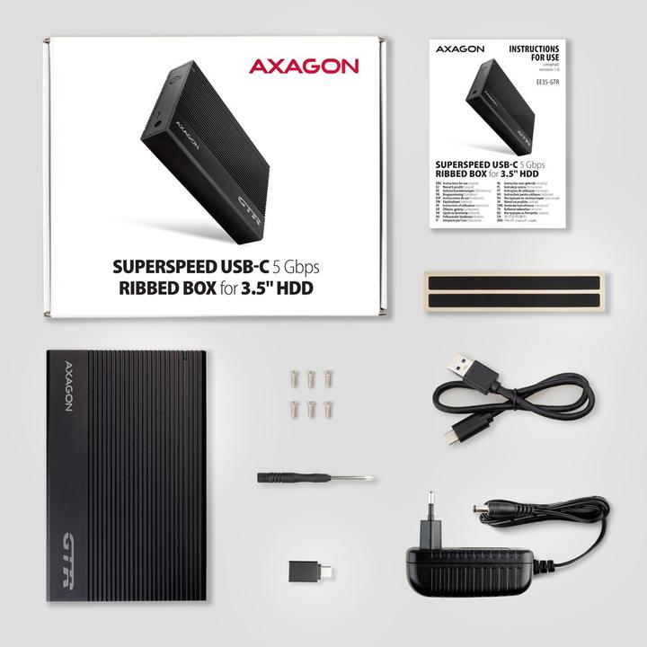 Actual product image Axagon EE35-GTR, USB-C - SATA 3.5" RIBBED box, ÄernÃ½ (3.5")