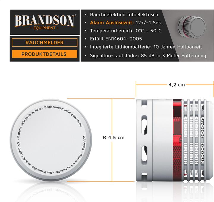 Produktbild Brandson 2x Rauchmelder, 10 Jahre Batterie Li-Ionen, Lautstärke 85dB, LED, Prüftaste, EN14604 & TÜV Geprüft