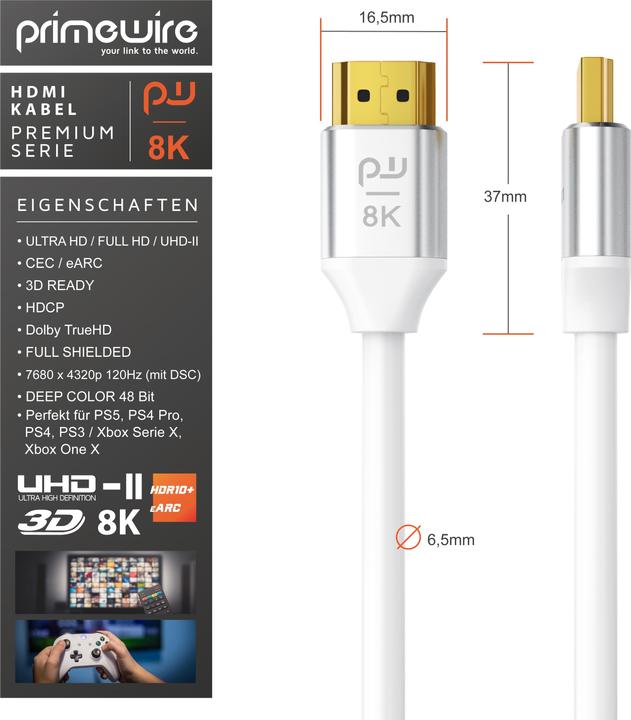 Produktbild Primewire HDMI Kabel 2.1, 8K 60 Hz, Premium Ultra HD, High Speed 7680 x 4320 @ 120 Hz - 4k @ 240 Hz mit DSC (3 m, HDMI)