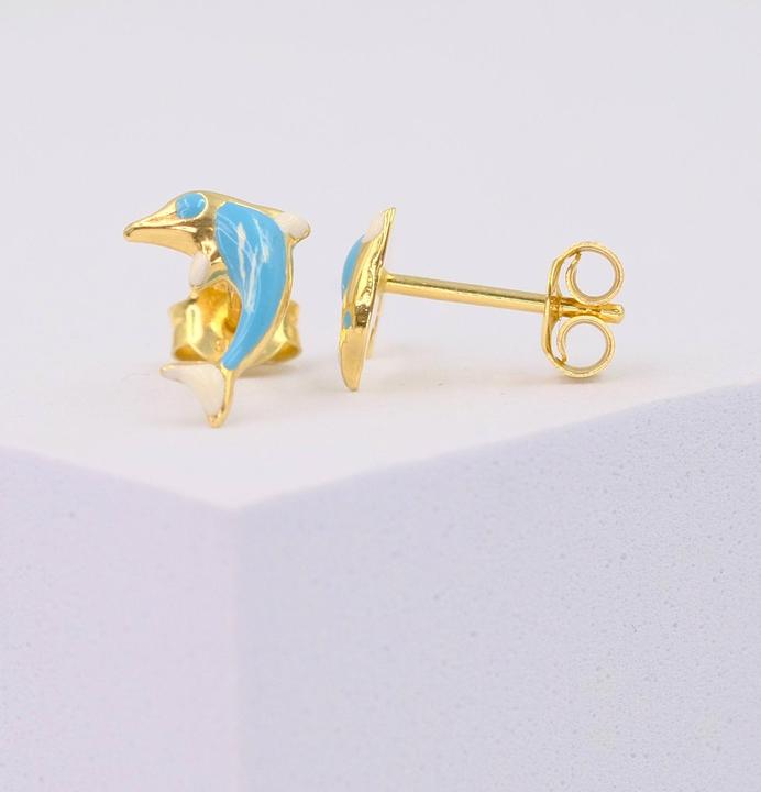 Produktbild Muau Stud earrings Dolphins yellow gold 750 light blue/white 11mm (750/18K Gelbgold)