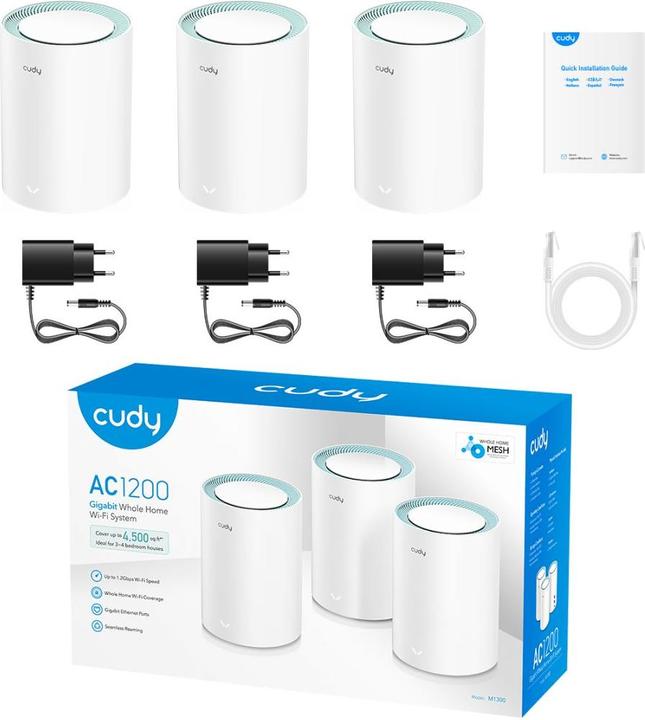 Actual product image Cudy M1300 3-PACK mesh wi-fi system Dual-band ( / ) Wi-Fi 5 (802.11ac) White 1 Internal