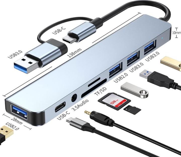 Actual product image Apfelkiste USB C/USB 3.0 multiport hub with SD/MicroSD & 3.5mm jack - 5 Gbit/s (USB C + 4x USB A) (USB-C, 4 ports)