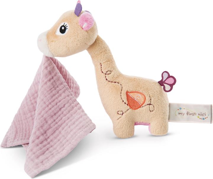 Actual product image NICI Standing Cuddly Animal Giraffe Sasuma with Muslin Cloth 16 cm