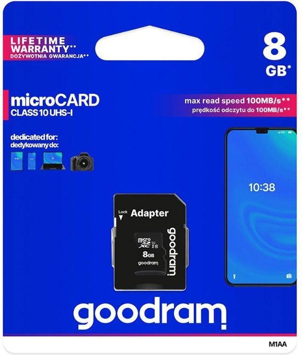 Actual product image Goodram 8GB Micro SDHC (8 GB, microSDHC, U3, UHS-I)
