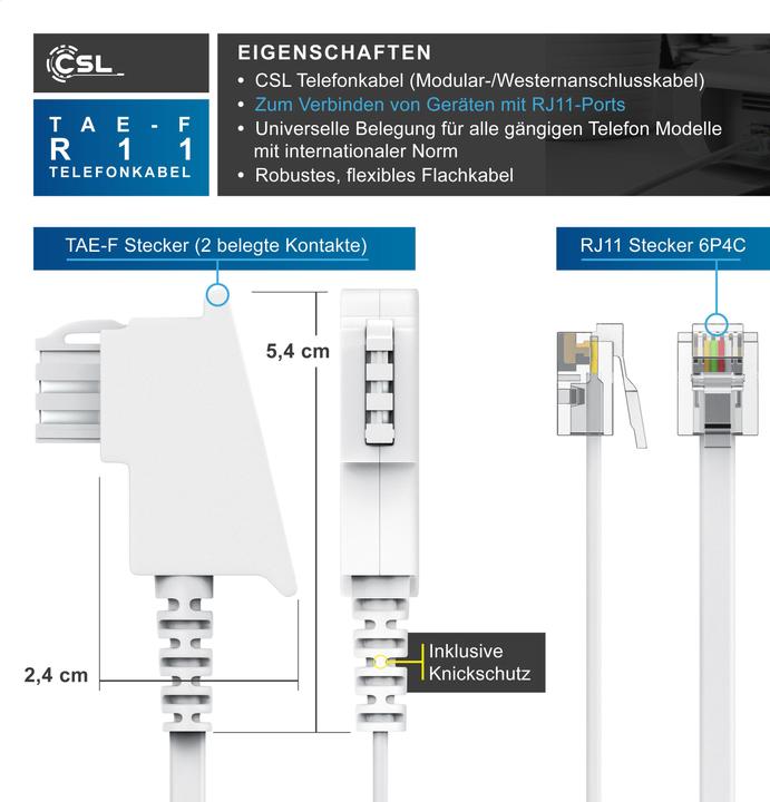 Actual product image CSL Telephone cable flat, TAE-F plug to RJ11, telephone socket to telephone, flat cable, fax, answering