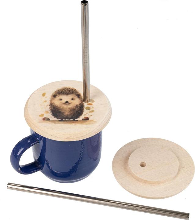 Image du produit La Mia! Couvercle de verre en bois de hêtre avec paille en acier inoxydable - avec motifs d'animaux colorés (Couvercle en verre)