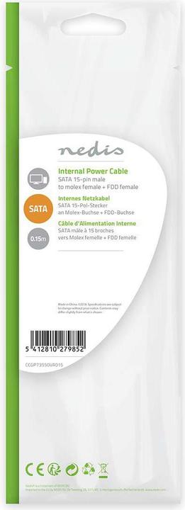 Actual product image Nedis Internal power cable | SATA 15-pin male | Molex female | Gold-plated | 0.15 m | Round | PVC | Me