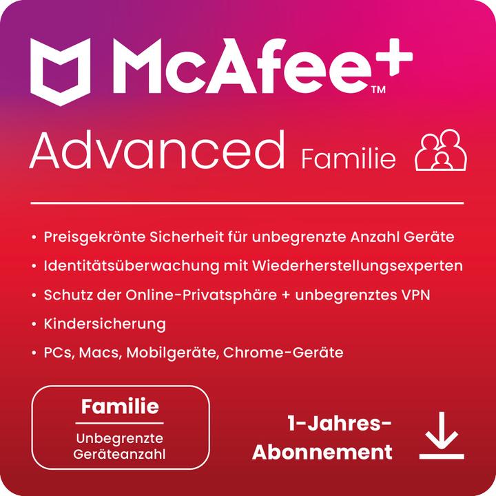 Immagine prodotto McAfee + Advanced - Familie (Unbegrenzte Anzahl von Geräten) (1 Utente, 1 Dispositivi/Utenti, 12 mesi)