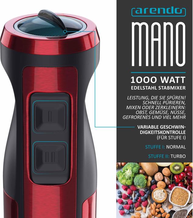 Produktbild Arendo Stabmixer 1000W, Edelstahl Pürierstab in Rot, Handmixer mit Becher, stufenlose Regelung, DC Motor