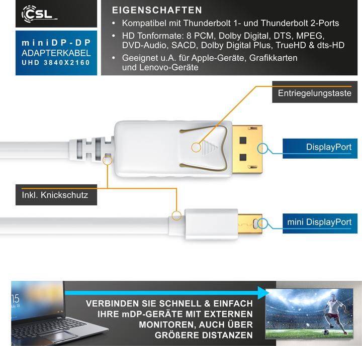 Image du produit CSL Câble Mini DisplayPort vers DisplayPort - Câble audio vidéo - FullHD - compatible Apple Lenovo (5 m, DisplayPort)
