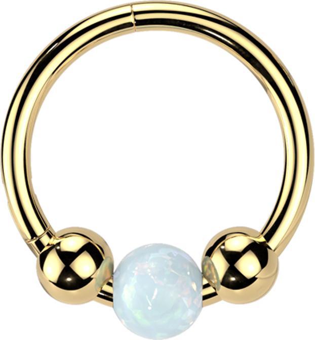 Star Piercing Micro Segmentring klappbar vergoldet zwei Kugeln und Kugel Opal weiss (Titan G23, ohne Messing)