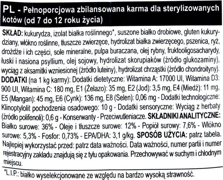 Valeurs nutritives et ingrédients Royal Canin Stérilisé 7+. (Senior, 1 pcs, 400 g)
