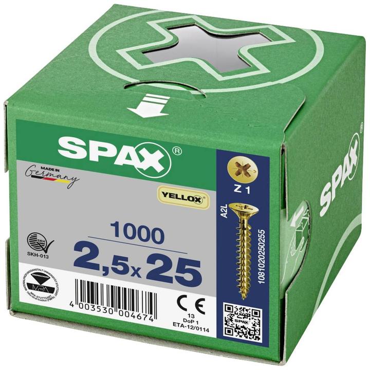 Actual product image Spax Screw R 88094 Countersunk head with point/cross recess -PZ 2.5 x 25/22-Z Galvanised steel yellow (1000 Screws per piece)