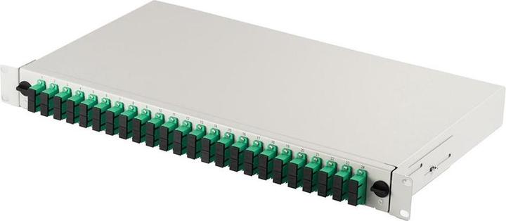 Produktbild NoName LWL Patchpanel mit 19" 1HE Ausstattung 24x SC APC dx OS2 Pigtails Adapter Trays grau